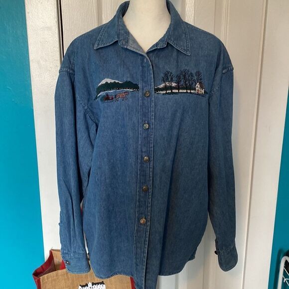 Bushwacker Denim Embroidered Shirt Winter Scene Size Medium - Picture 3 of 14